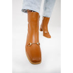 The Bukres Tan Leather Block Heel Mid Calf Women Boot