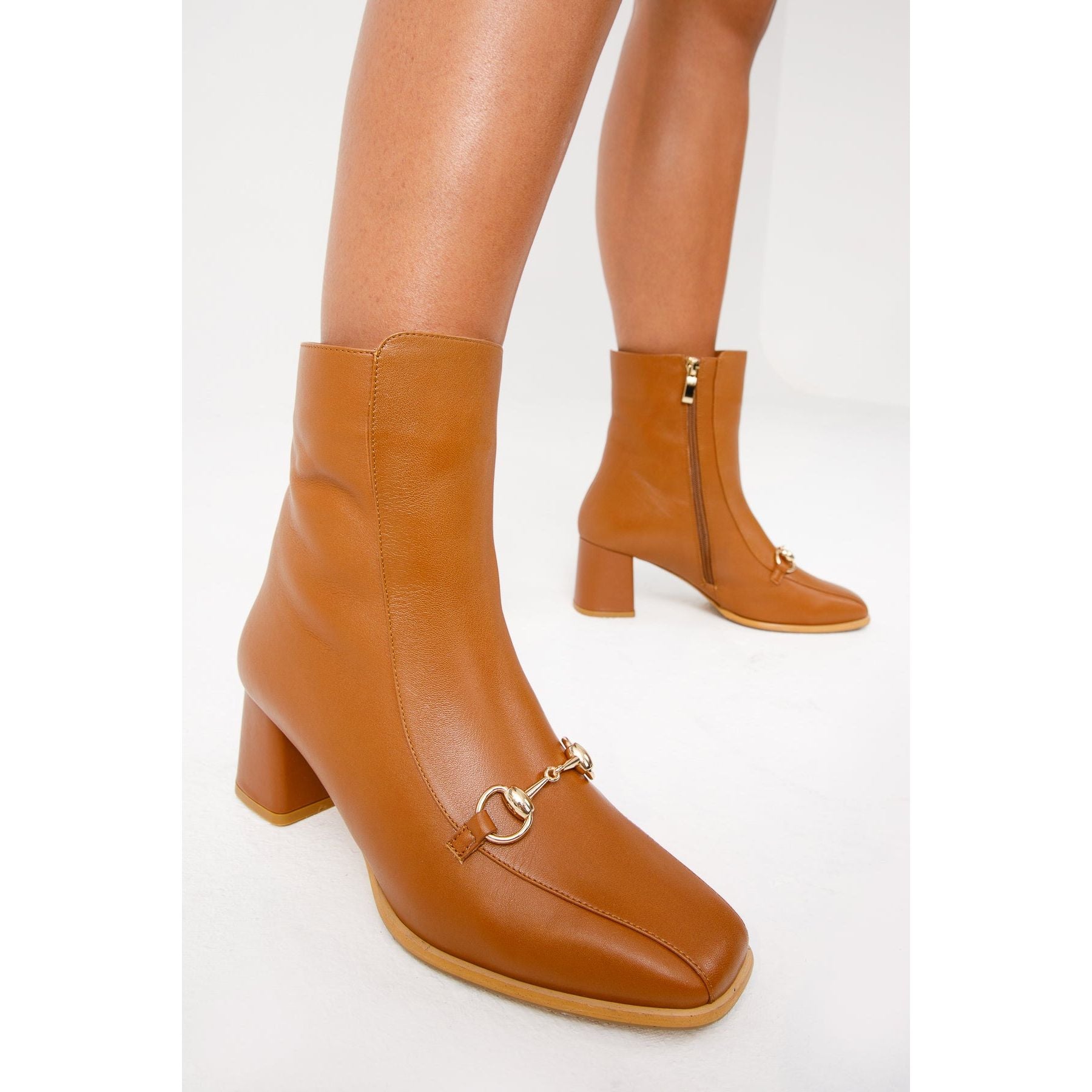 The Bukres Tan Leather Block Heel Mid Calf Women Boot