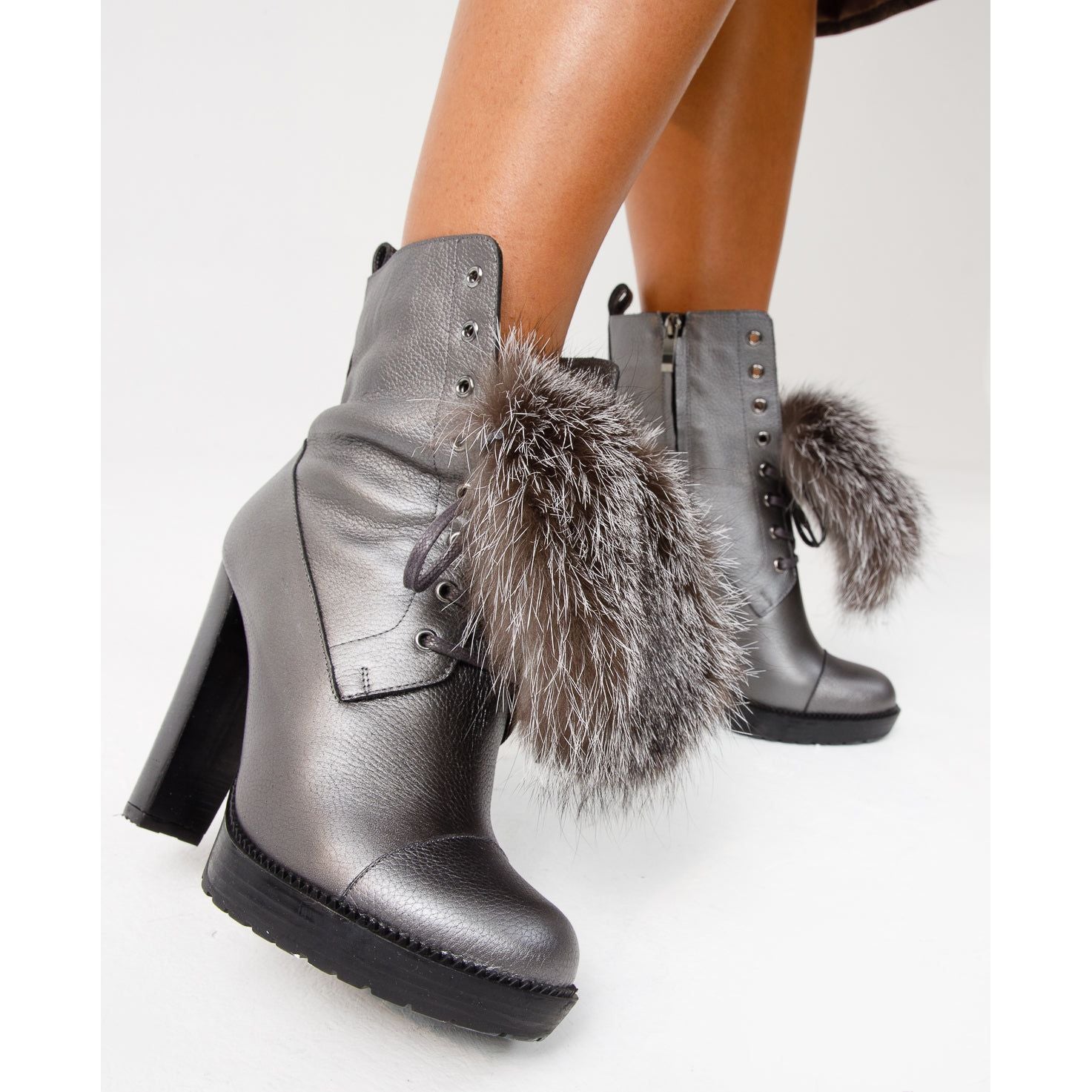 The Melo Gray Leather Natural Fur Mid Calf Platform Heel Women Boot
