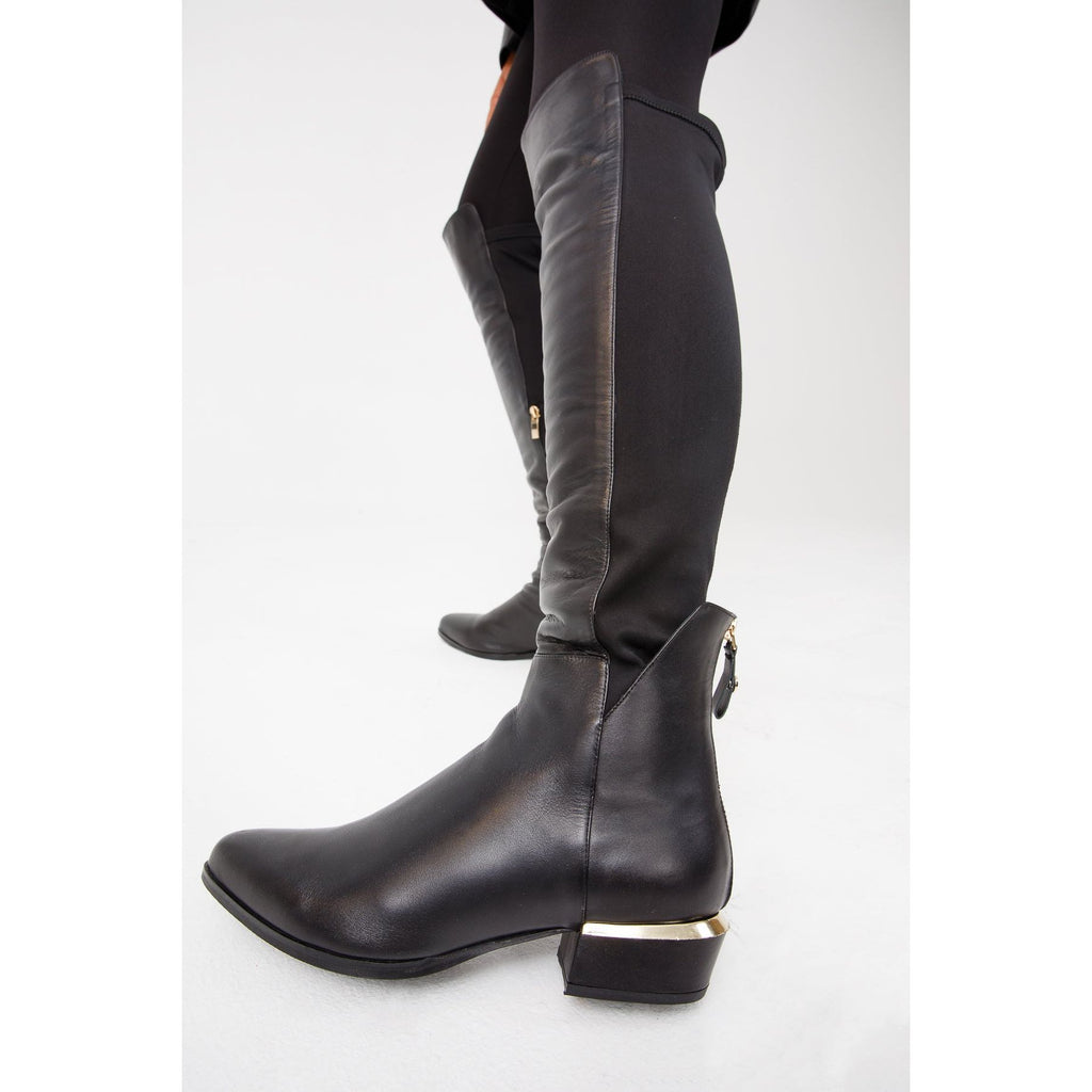 The Fairoks Black Leather Pointy Toe Knee High Women Boot