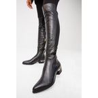 The Fairoks Black Leather Pointy Toe Knee High Women Boot