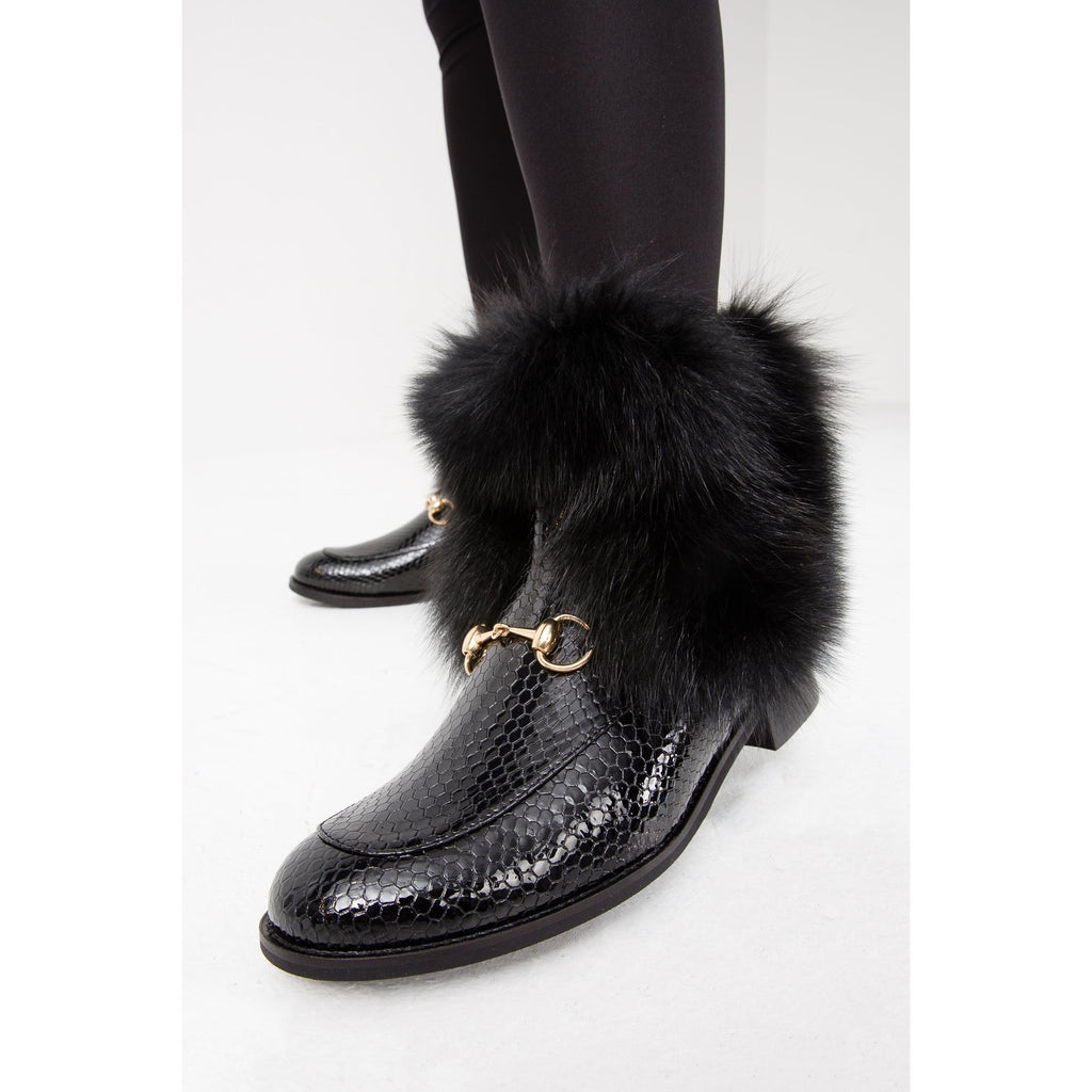 Vinci The Izmir Black Patent Leather Natural Fur Mid Calf Women  Boot