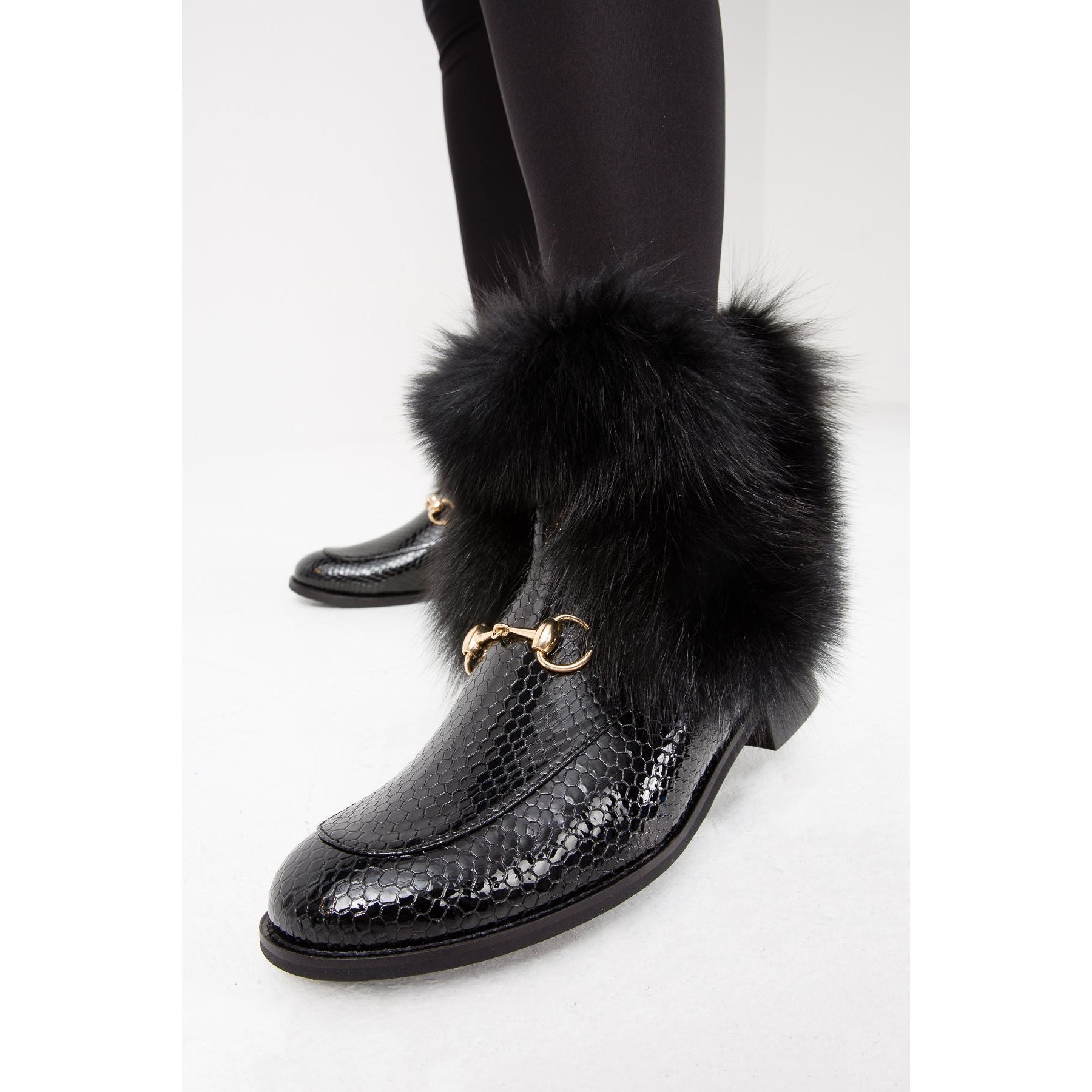 Vinci The Izmir Black Patent Leather Natural Fur Mid Calf Women  Boot