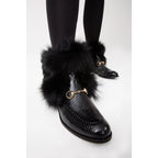 Vinci The Izmir Black Patent Leather Natural Fur Mid Calf Women  Boot