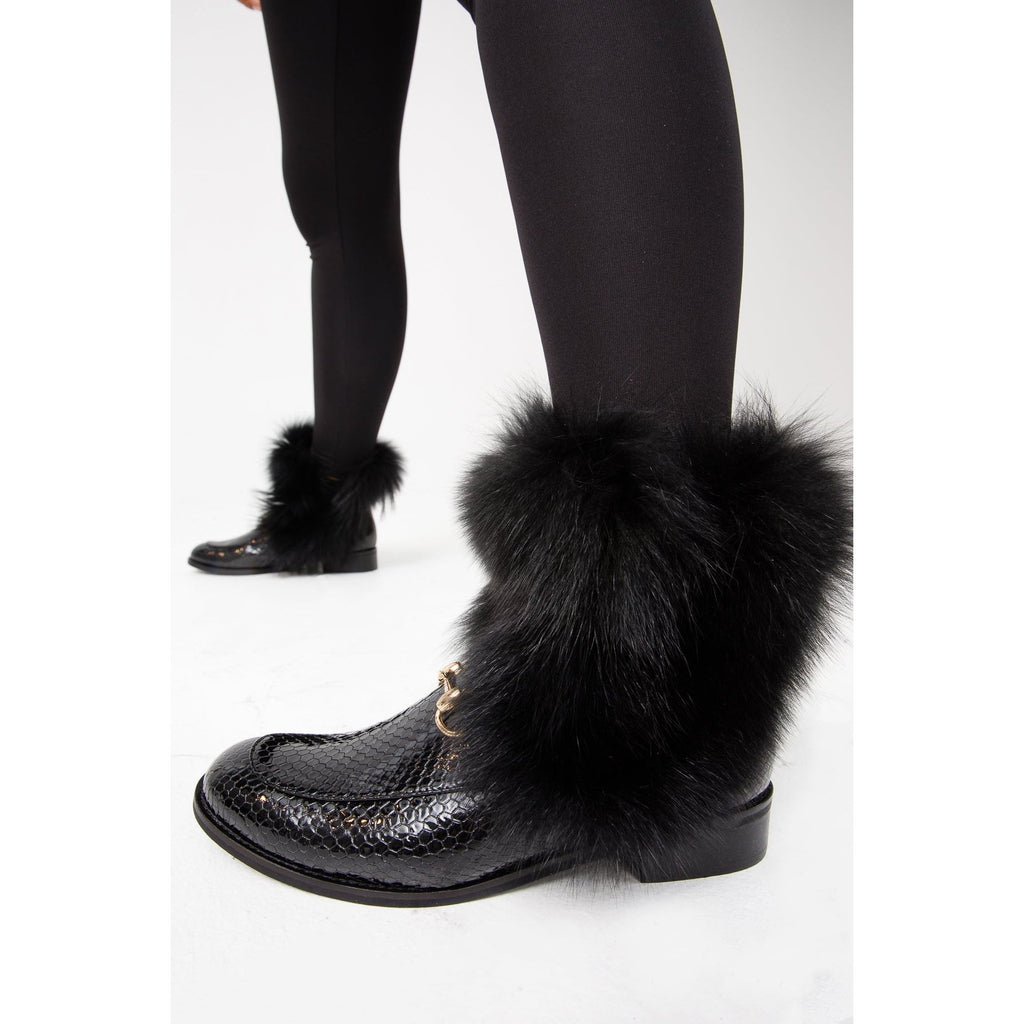 Vinci The Izmir Black Patent Leather Natural Fur Mid Calf Women  Boot