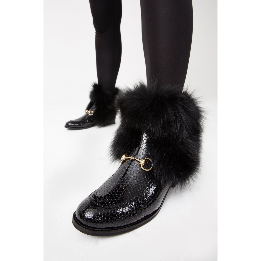 Vinci The Izmir Black Patent Leather Natural Fur Mid Calf Women  Boot