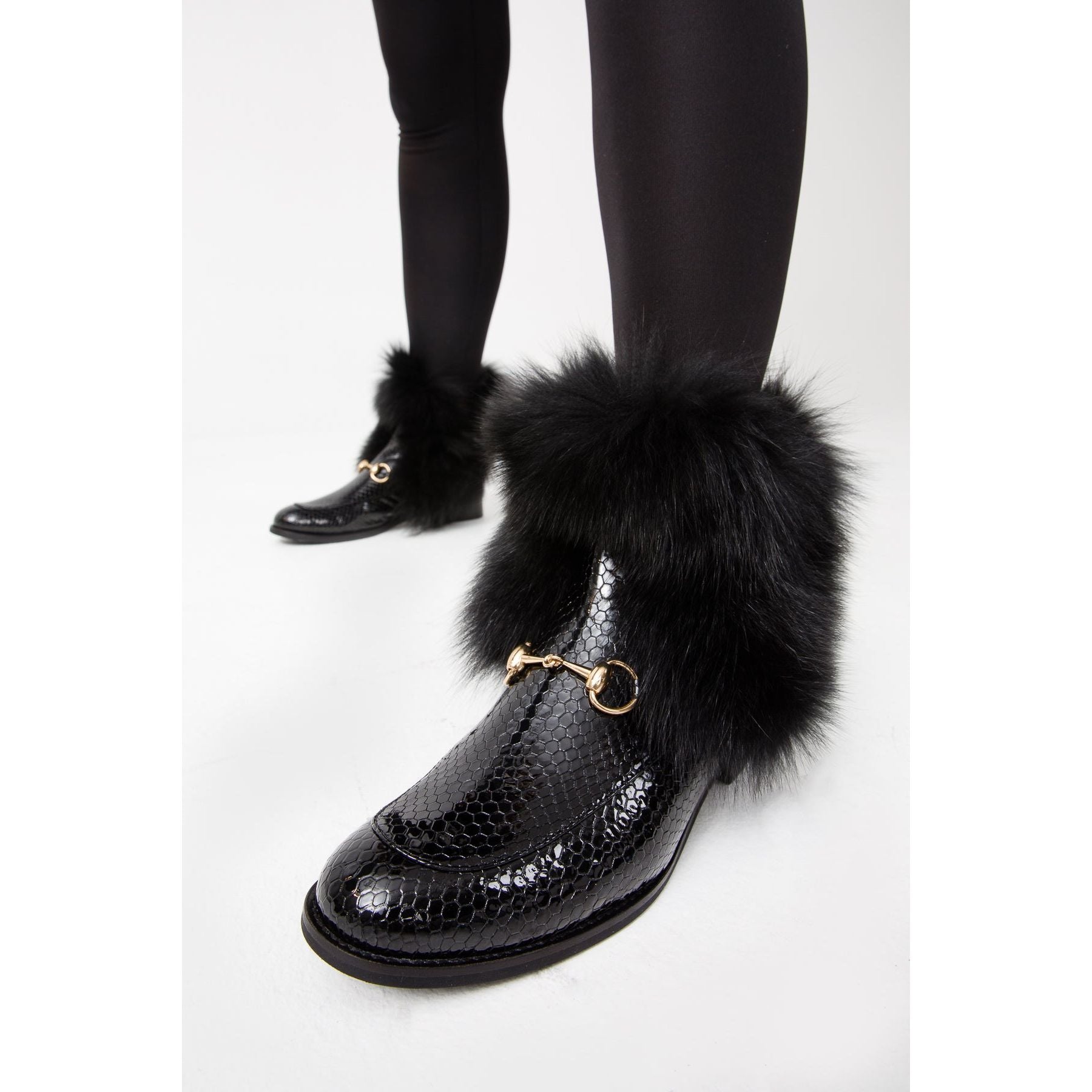 Vinci The Izmir Black Patent Leather Natural Fur Mid Calf Women  Boot
