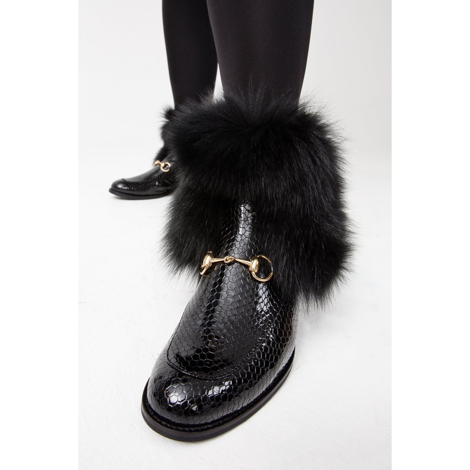 Vinci The Izmir Black Patent Leather Natural Fur Mid Calf Women  Boot