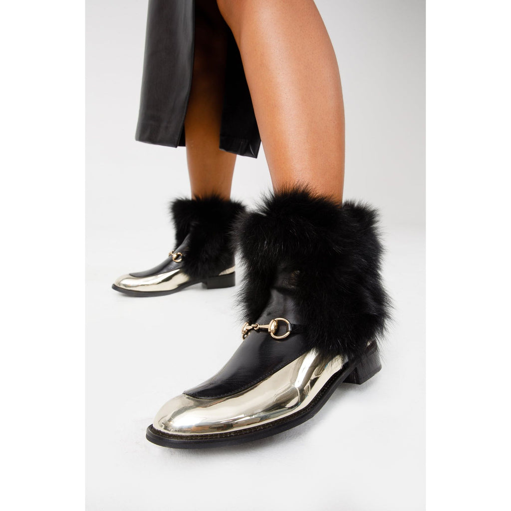 The Izmir Black & Gold Leather Natural Fox Fur Mid Calf Women Boot