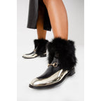 The Izmir Black & Gold Leather Natural Fox Fur Mid Calf Women Boot