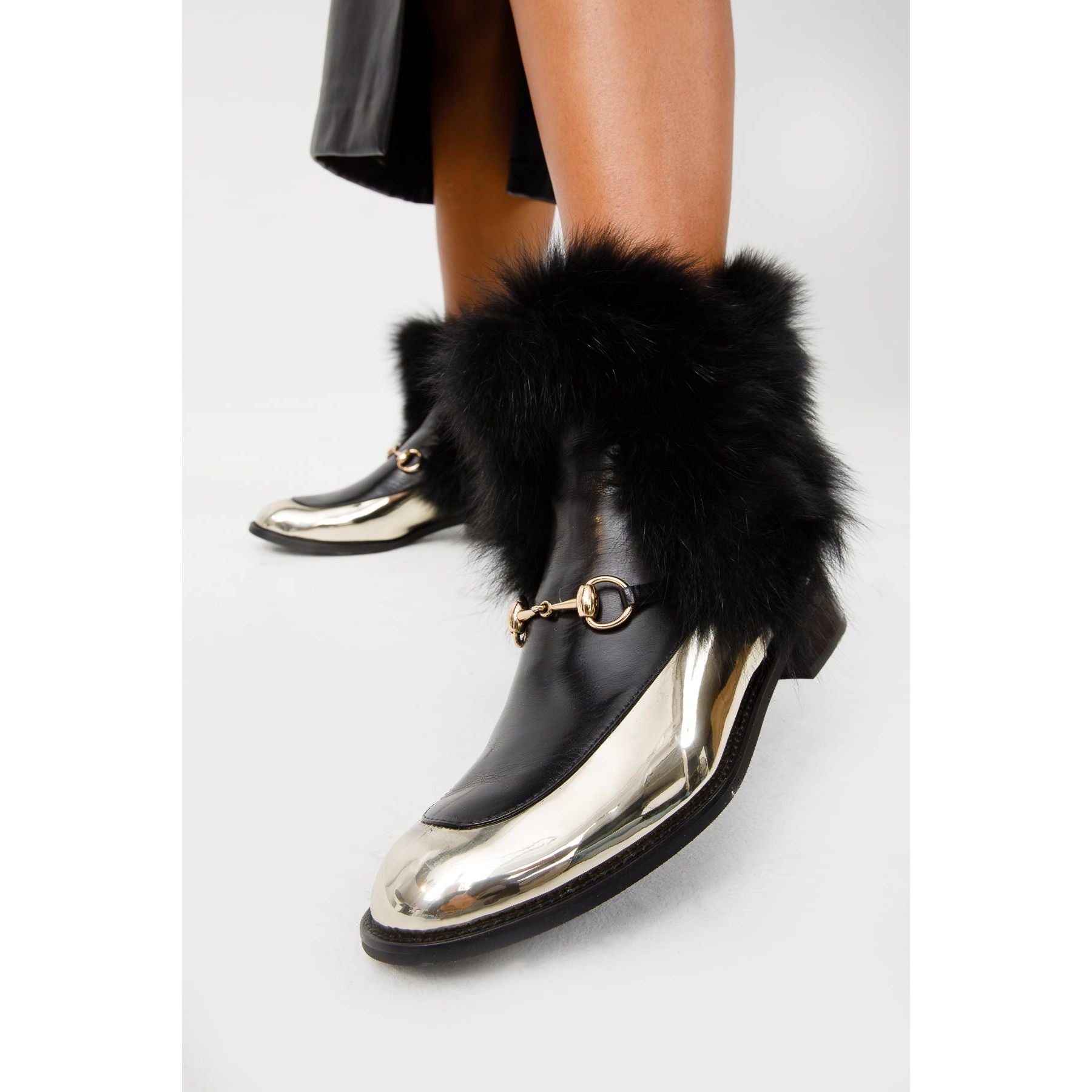 The Izmir Black & Gold Leather Natural Fox Fur Mid Calf Women Boot