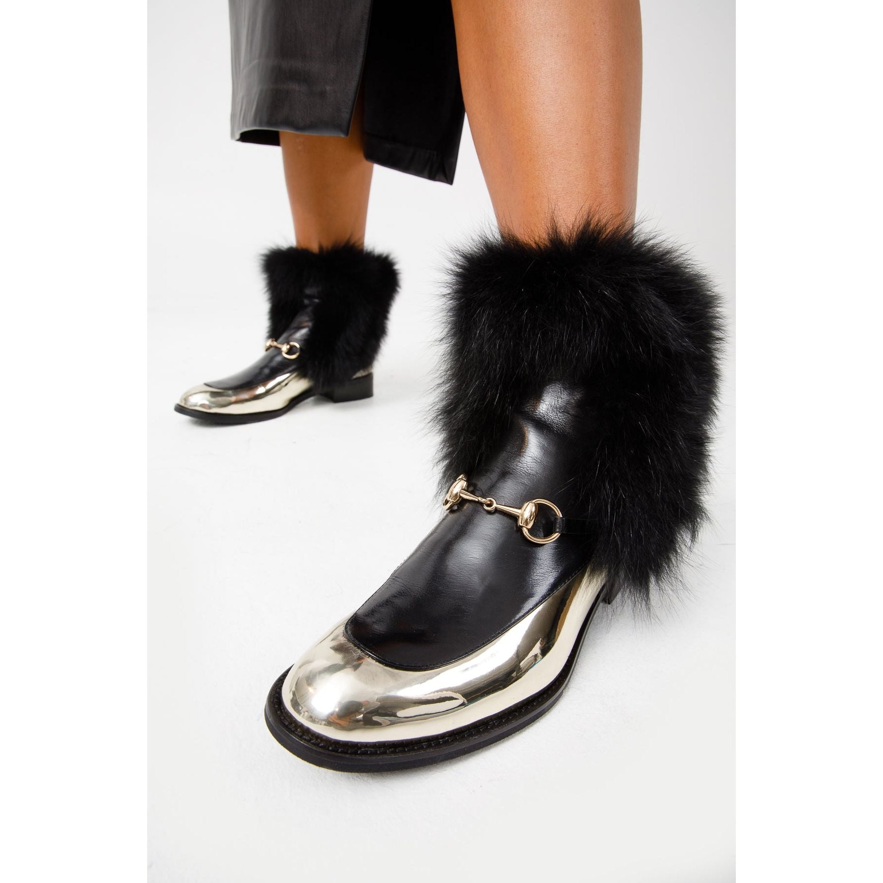 The Izmir Black & Gold Leather Natural Fox Fur Mid Calf Women Boot