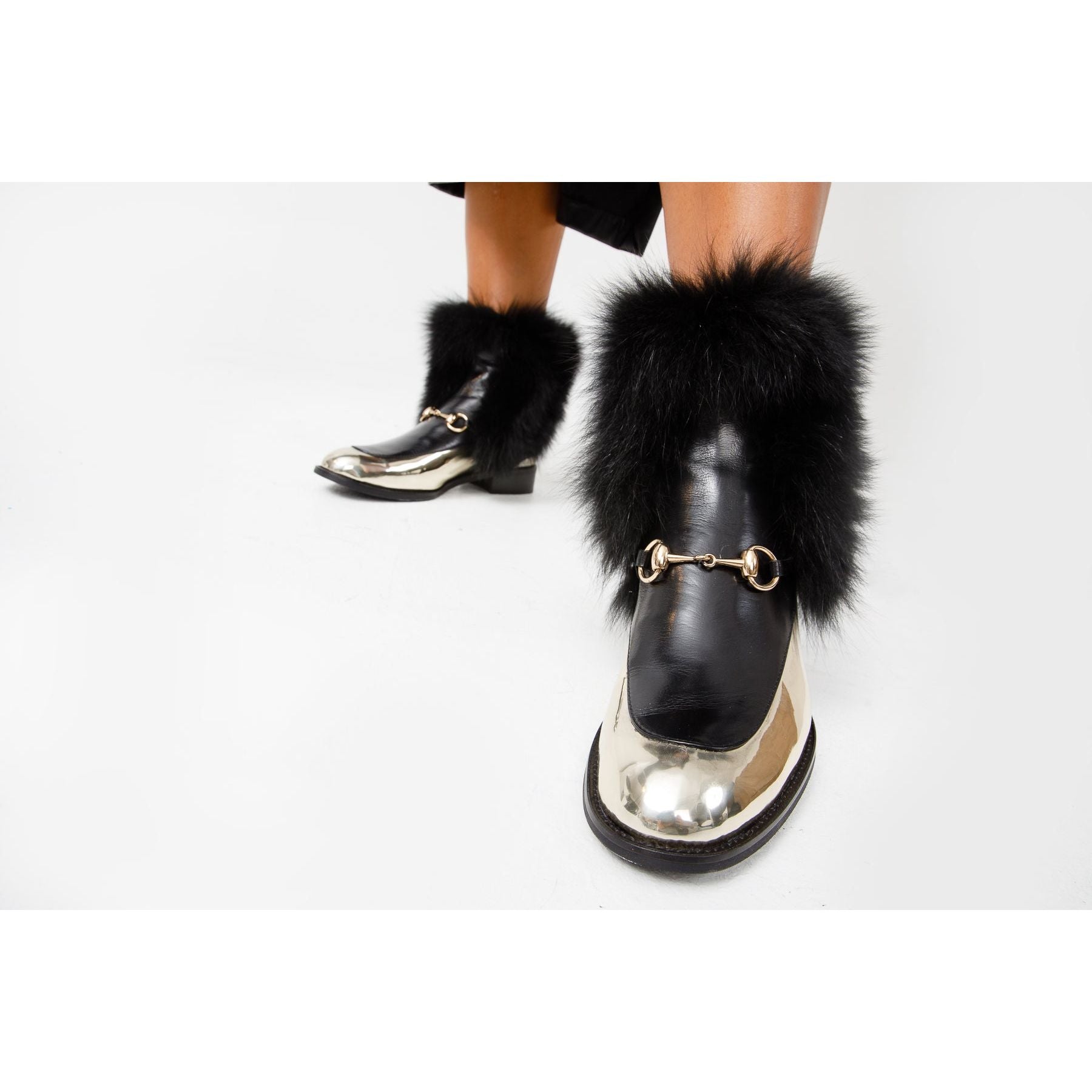 The Izmir Black & Gold Leather Natural Fox Fur Mid Calf Women Boot