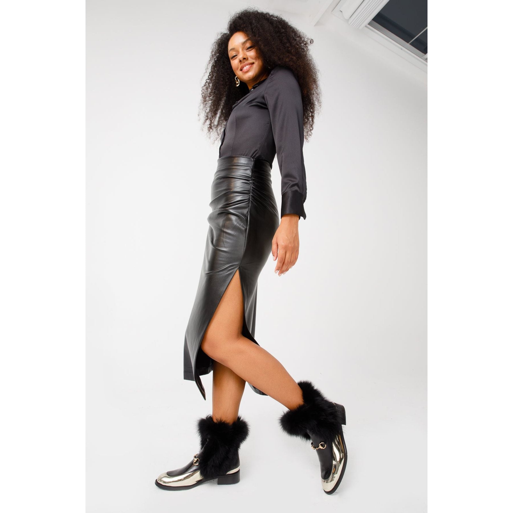 The Izmir Black & Gold Leather Natural Fox Fur Mid Calf Women Boot