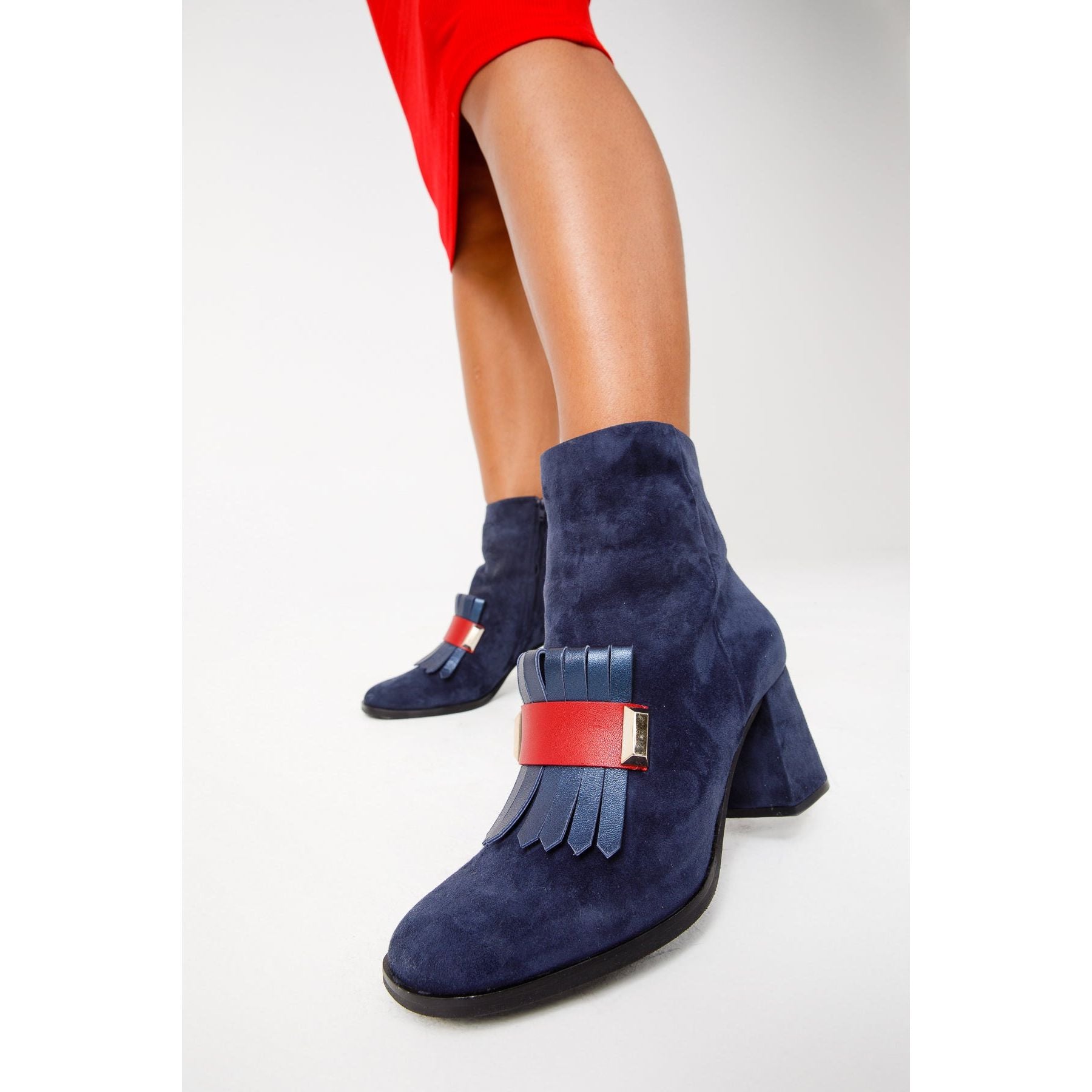 The Luksor Navy Blue Suede Leather Block Heel Women Boot