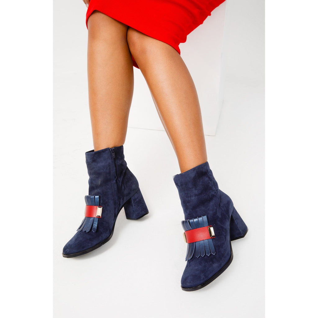 The Luksor Navy Blue Suede Leather Block Heel Women Boot