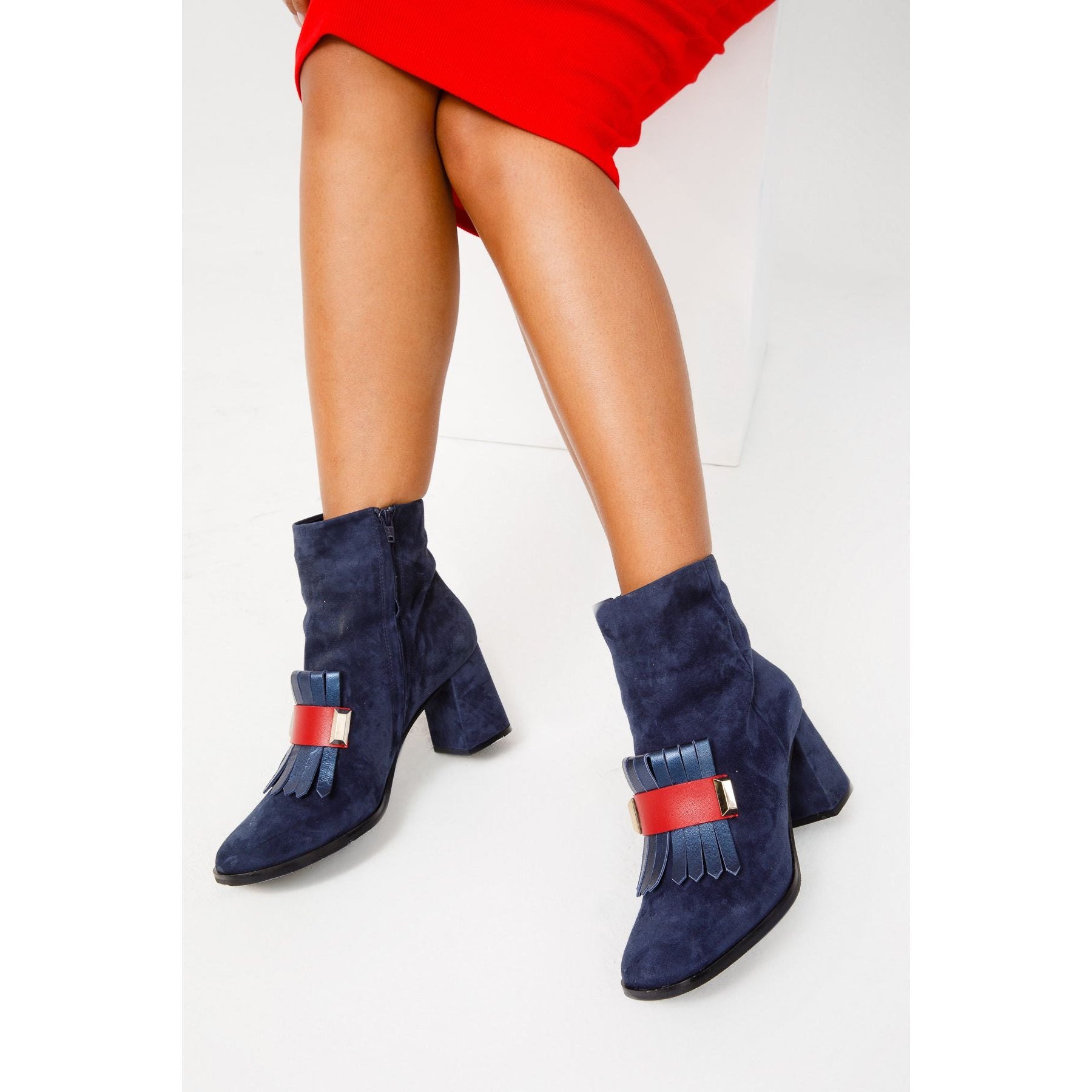 The Luksor Navy Blue Suede Leather Block Heel Women Boot
