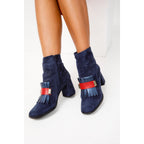 The Luksor Navy Blue Suede Leather Block Heel Women Boot