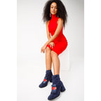 The Luksor Navy Blue Suede Leather Block Heel Women Boot
