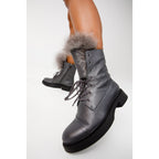 The Kajapati Grey Leather Natural Fur Mid Calf Women Boot