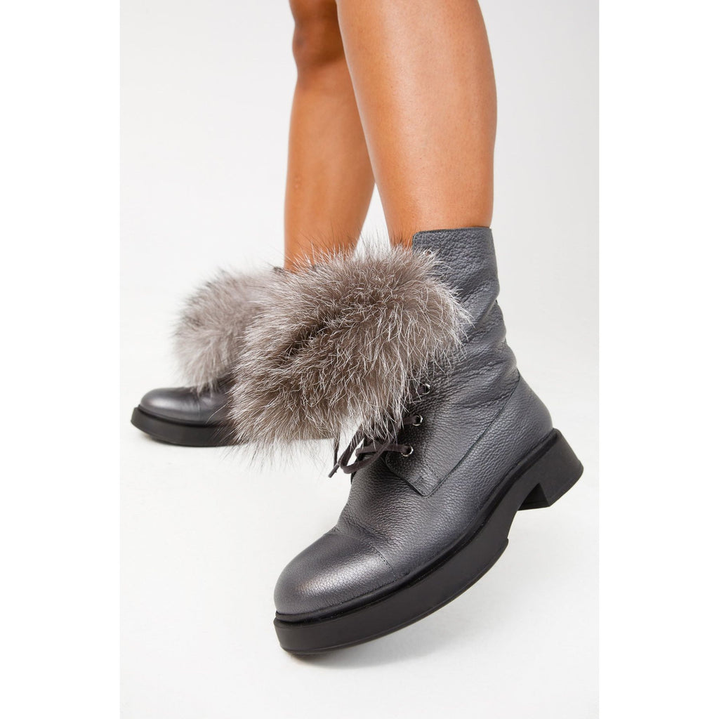 The Kajapati Grey Leather Natural Fur Mid Calf Women Boot