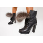 The Melo Black Leather Natural Fur Mid Calf Platform Heel Women Boot