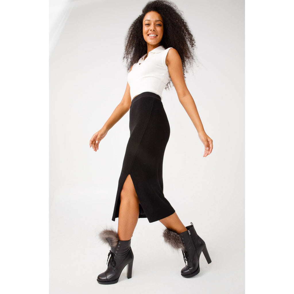 The Melo Black Leather Natural Fur Mid Calf Platform Heel Women Boot