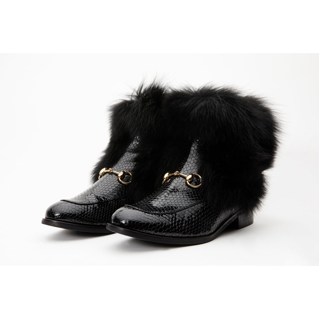 Vinci The Izmir Black Patent Leather Natural Fur Mid Calf Women  Boot