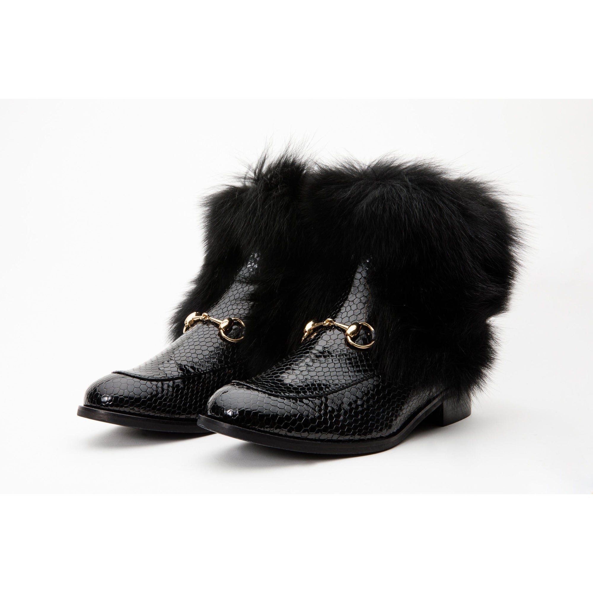 Vinci The Izmir Black Patent Leather Natural Fur Mid Calf Women  Boot
