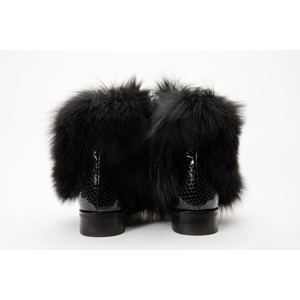Vinci The Izmir Black Patent Leather Natural Fur Mid Calf Women  Boot