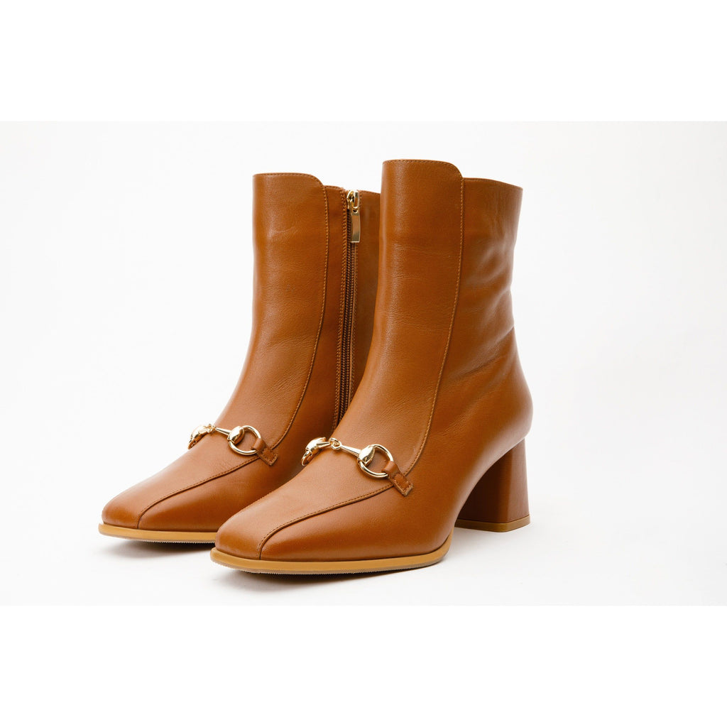 The Bukres Tan Leather Block Heel Mid Calf Women Boot