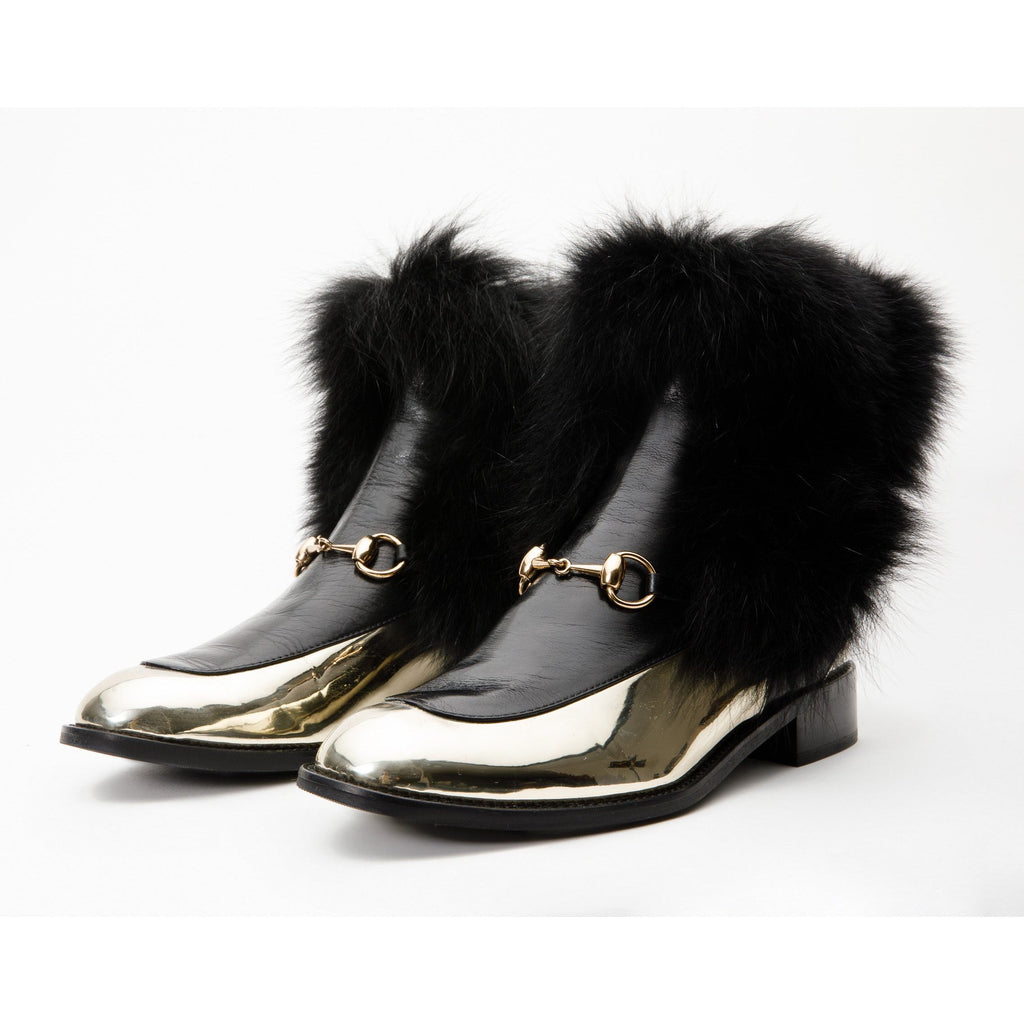 The Izmir Black & Gold Leather Natural Fox Fur Mid Calf Women Boot