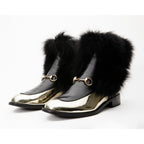 The Izmir Black & Gold Leather Natural Fox Fur Mid Calf Women Boot