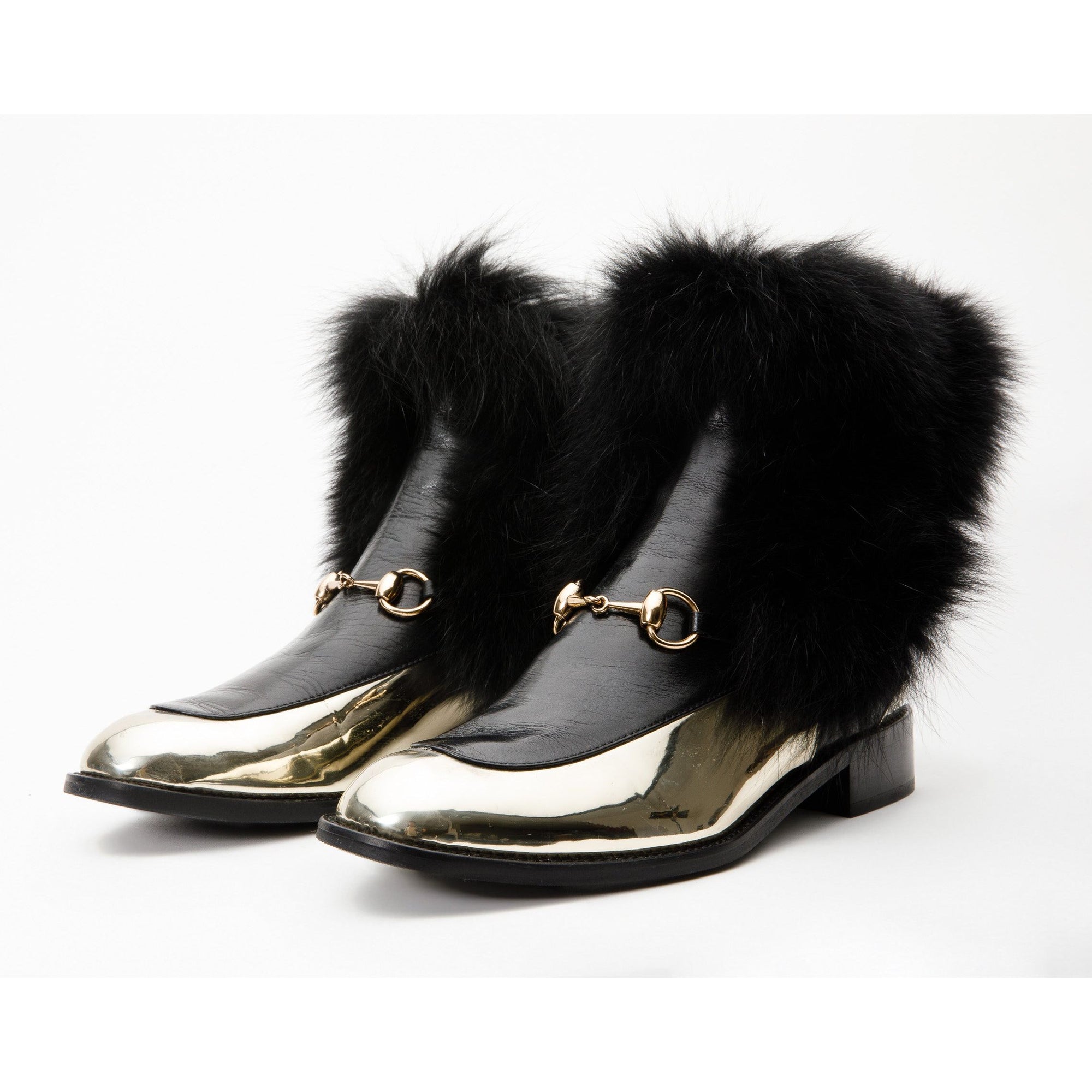 The Izmir Black & Gold Leather Natural Fox Fur Mid Calf Women Boot
