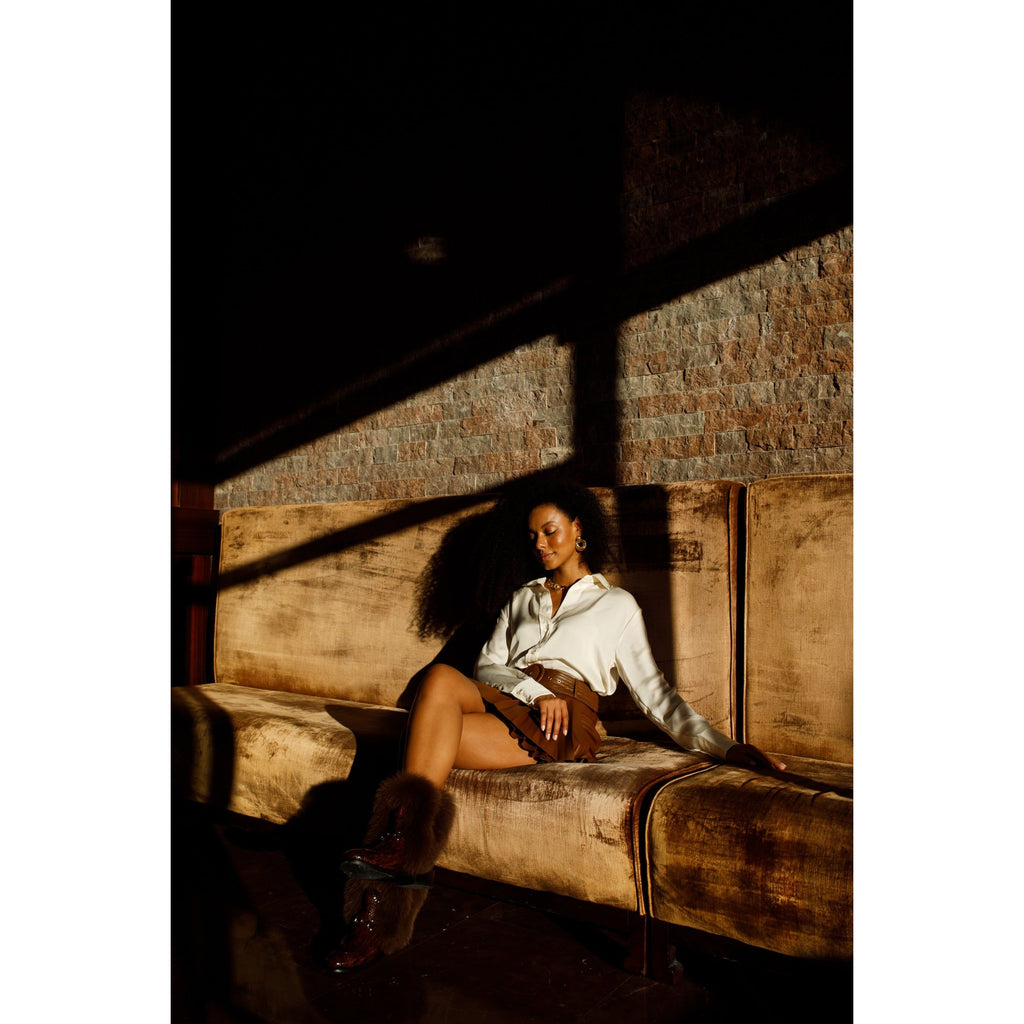 The Izmir Brown Patent Leather Natural Fur Mid Calf Women Boot