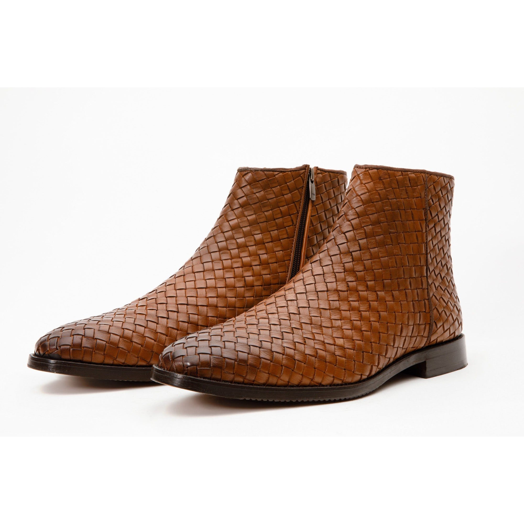 The Wellington Tan Handwoven Leather Men Boot with a Zipper Final Sale!