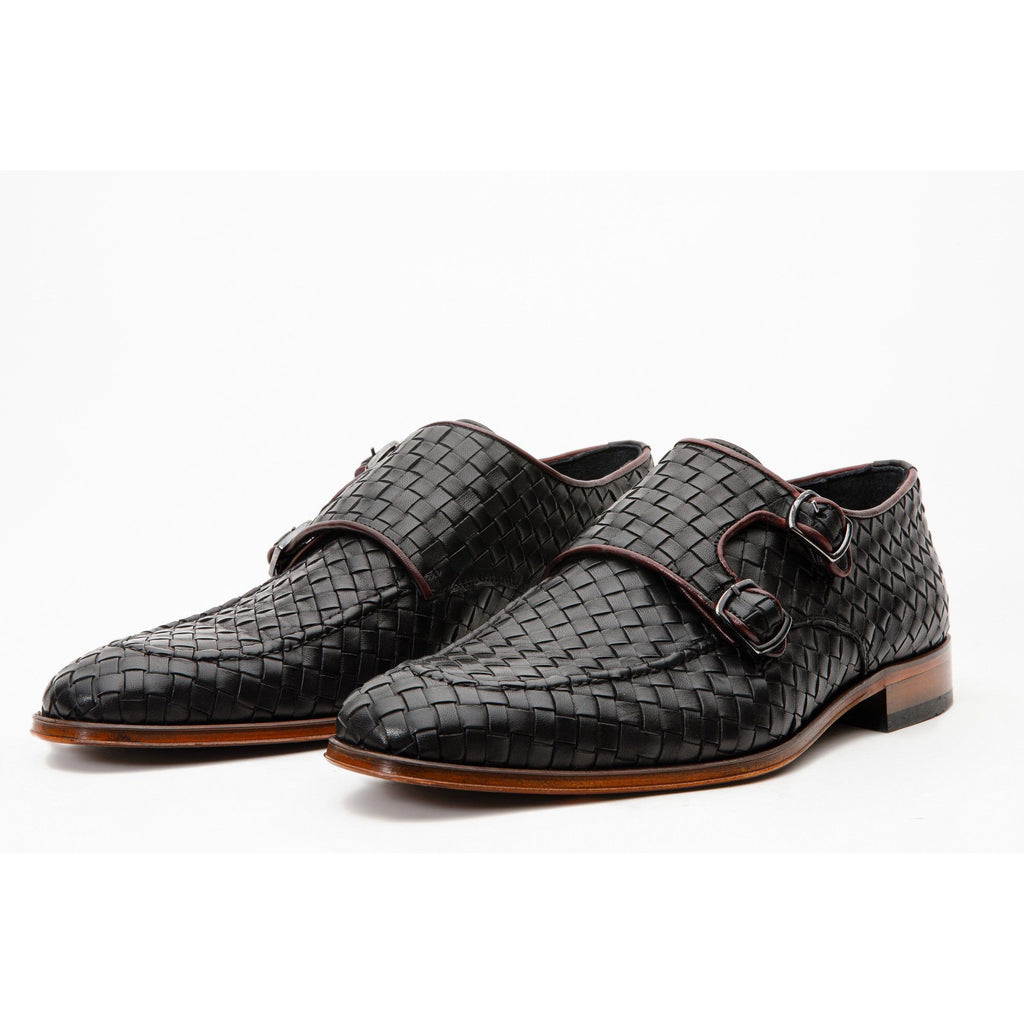 The Turan Black Woven Double Monk Strap Dress Men Shoe