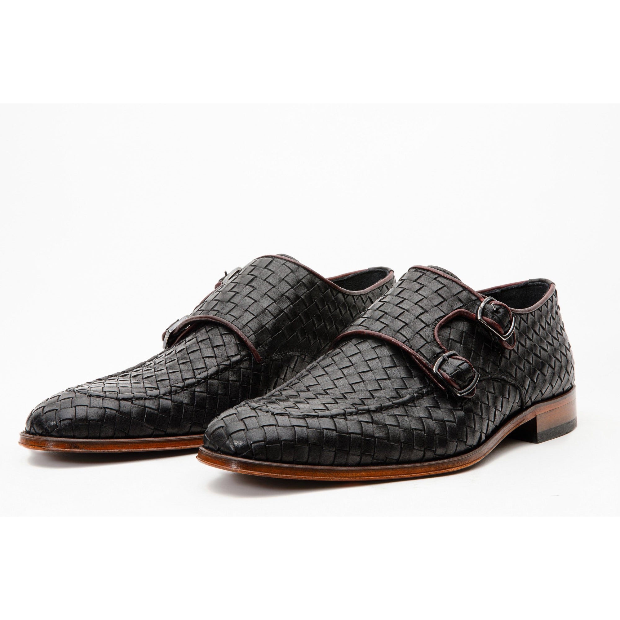 The Turan Black Woven Double Monk Strap Dress Men Shoe
