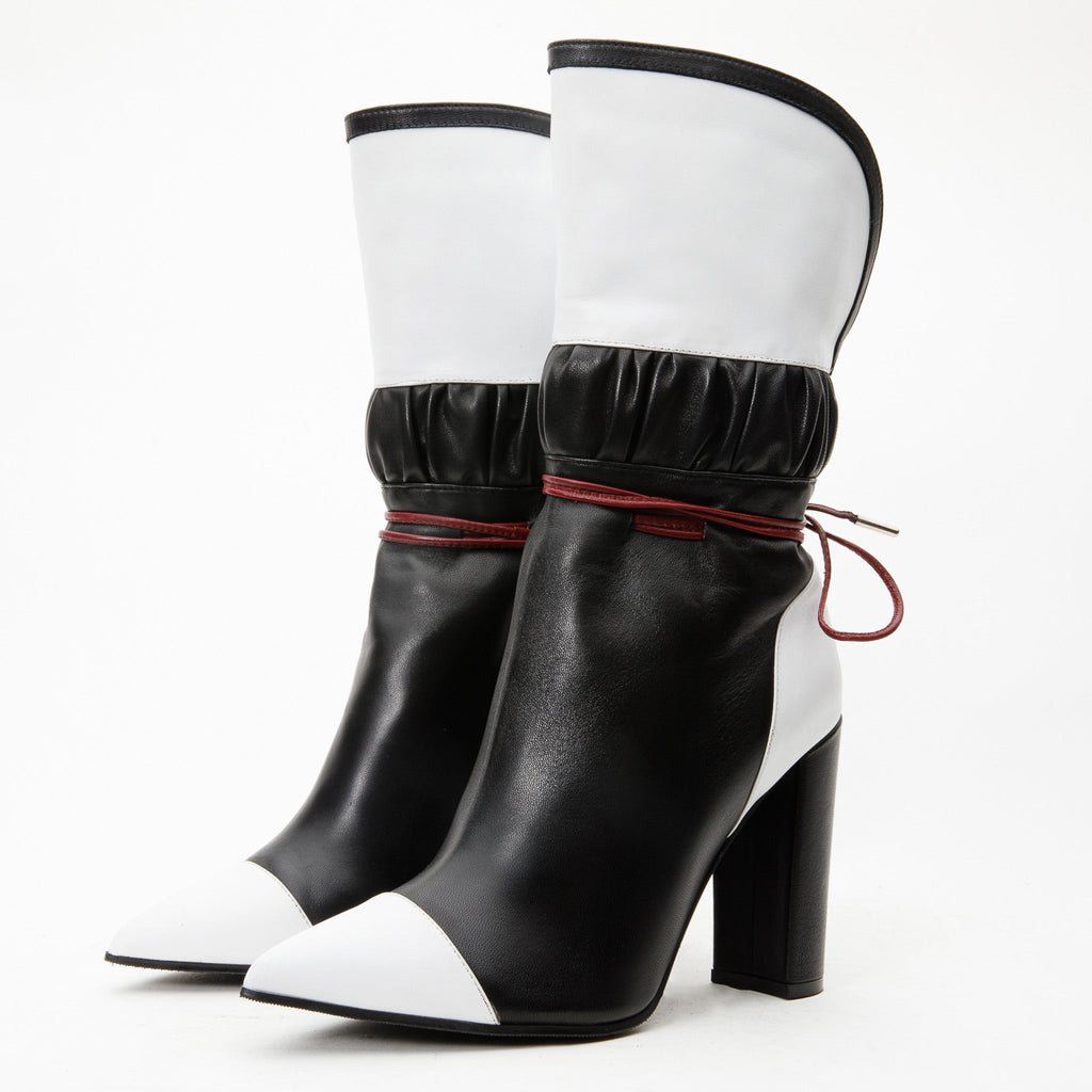 Vinci The Lucca Black & White Leather Mid Calf High Heel Women Boot Limited Edition