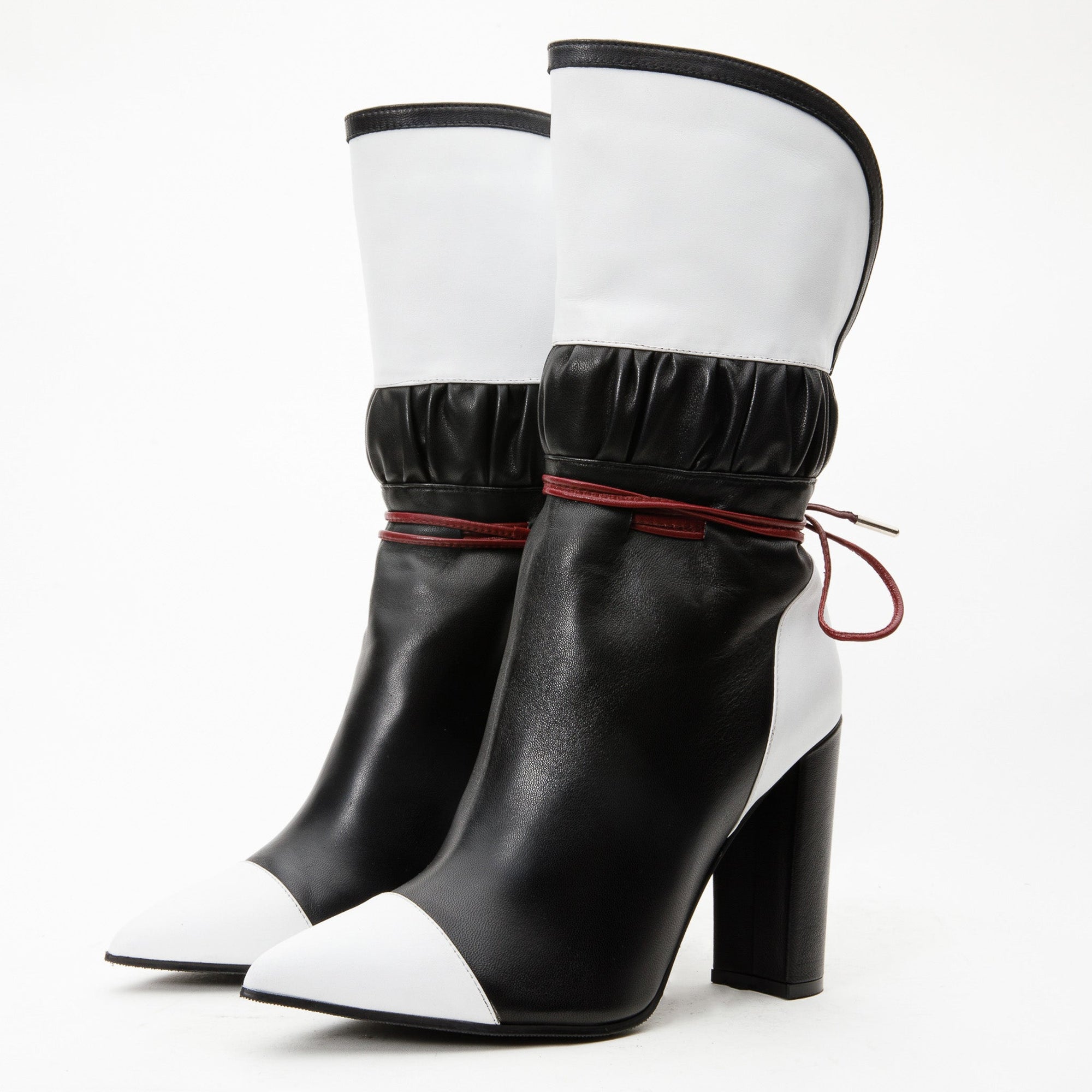 Vinci The Lucca Black & White Leather Mid Calf High Heel Women Boot Limited Edition