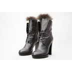 The Melo Gray Leather Natural Fur Mid Calf Platform Heel Women Boot