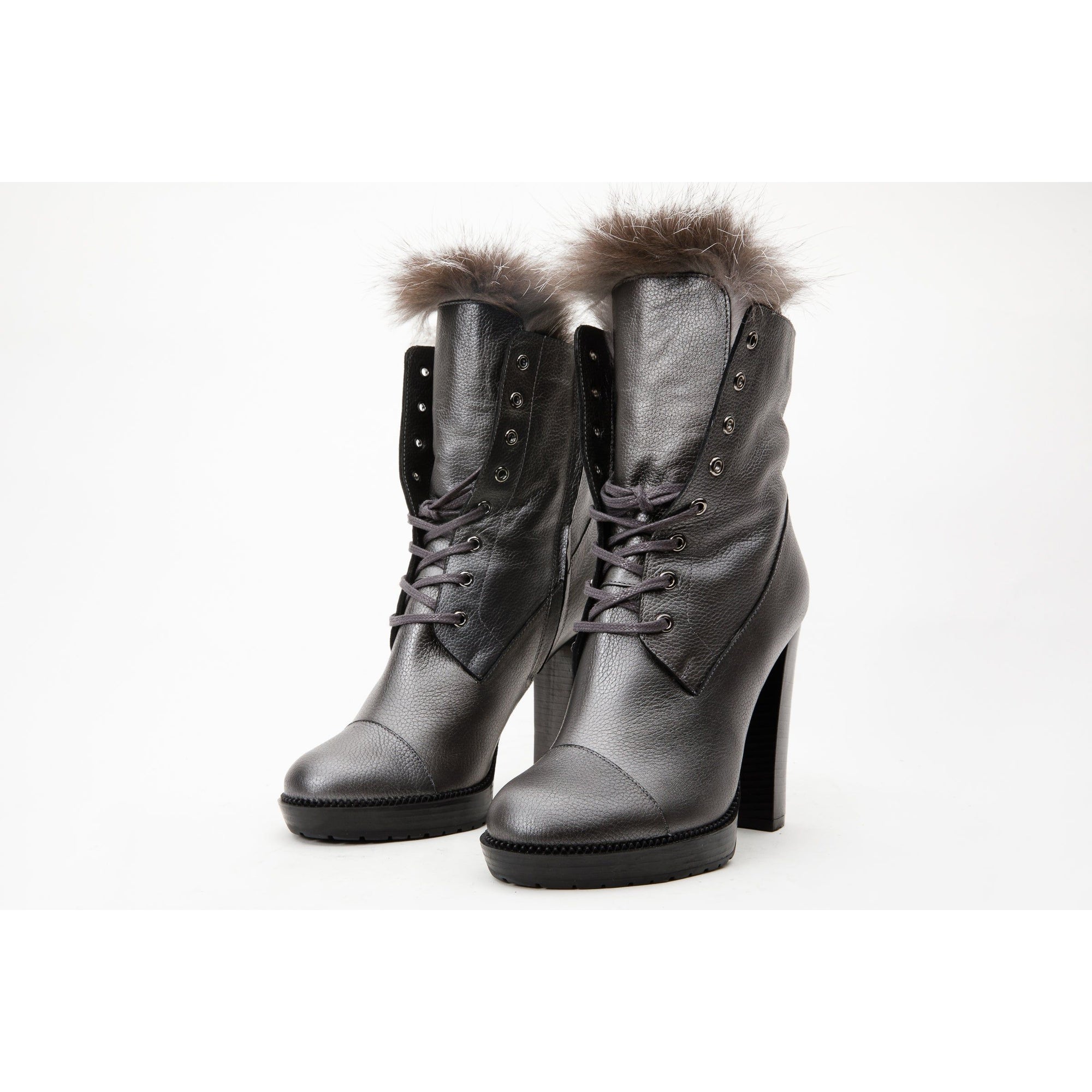 The Melo Gray Leather Natural Fur Mid Calf Platform Heel Women Boot