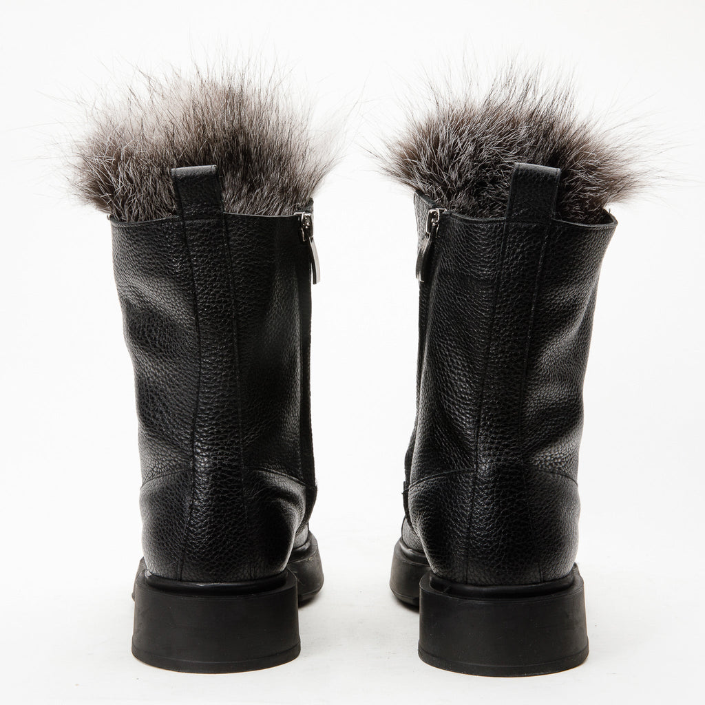 The Kajapati Black Leather Natural Fur Mid Calf Women Boot