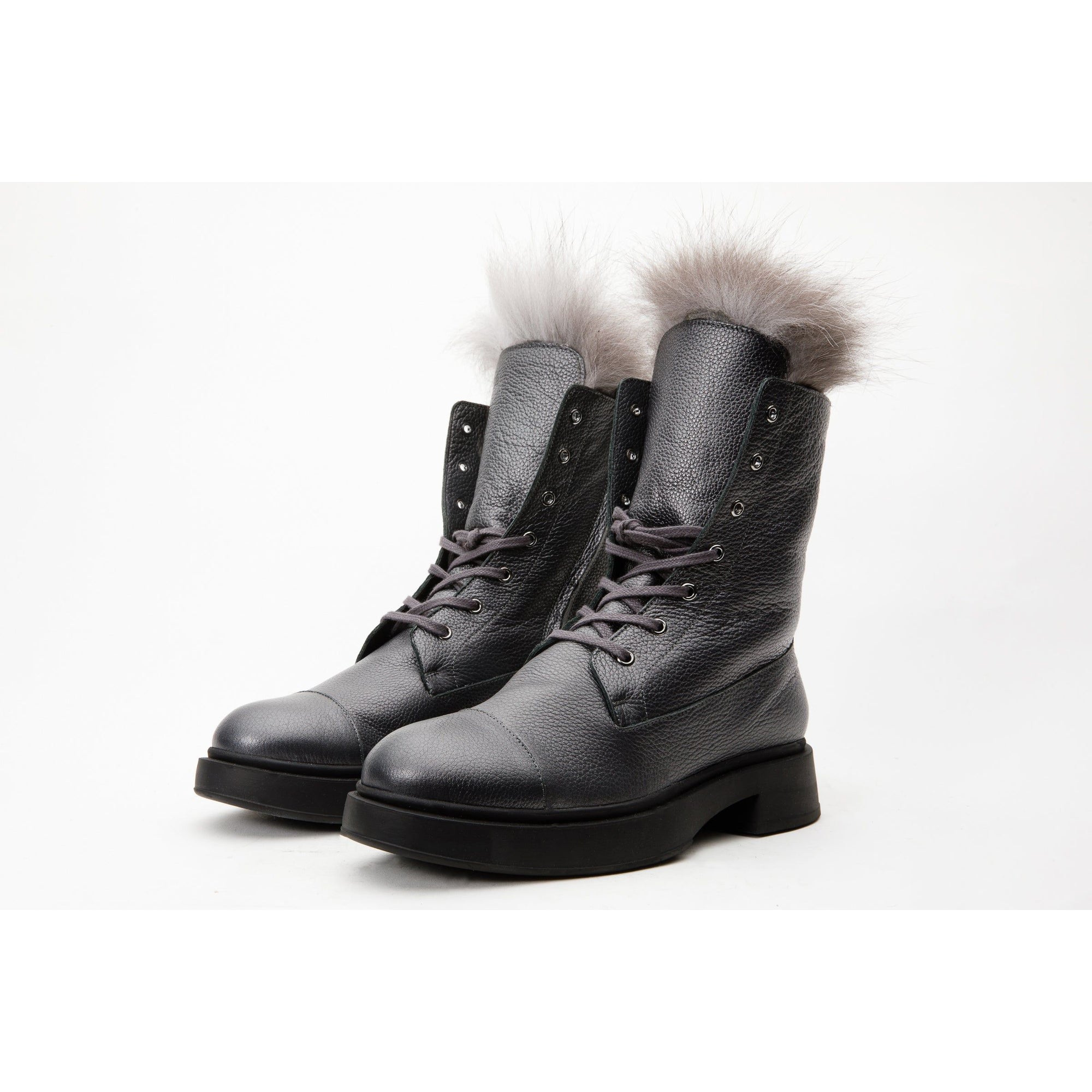The Kajapati Grey Leather Natural Fur Mid Calf Women Boot