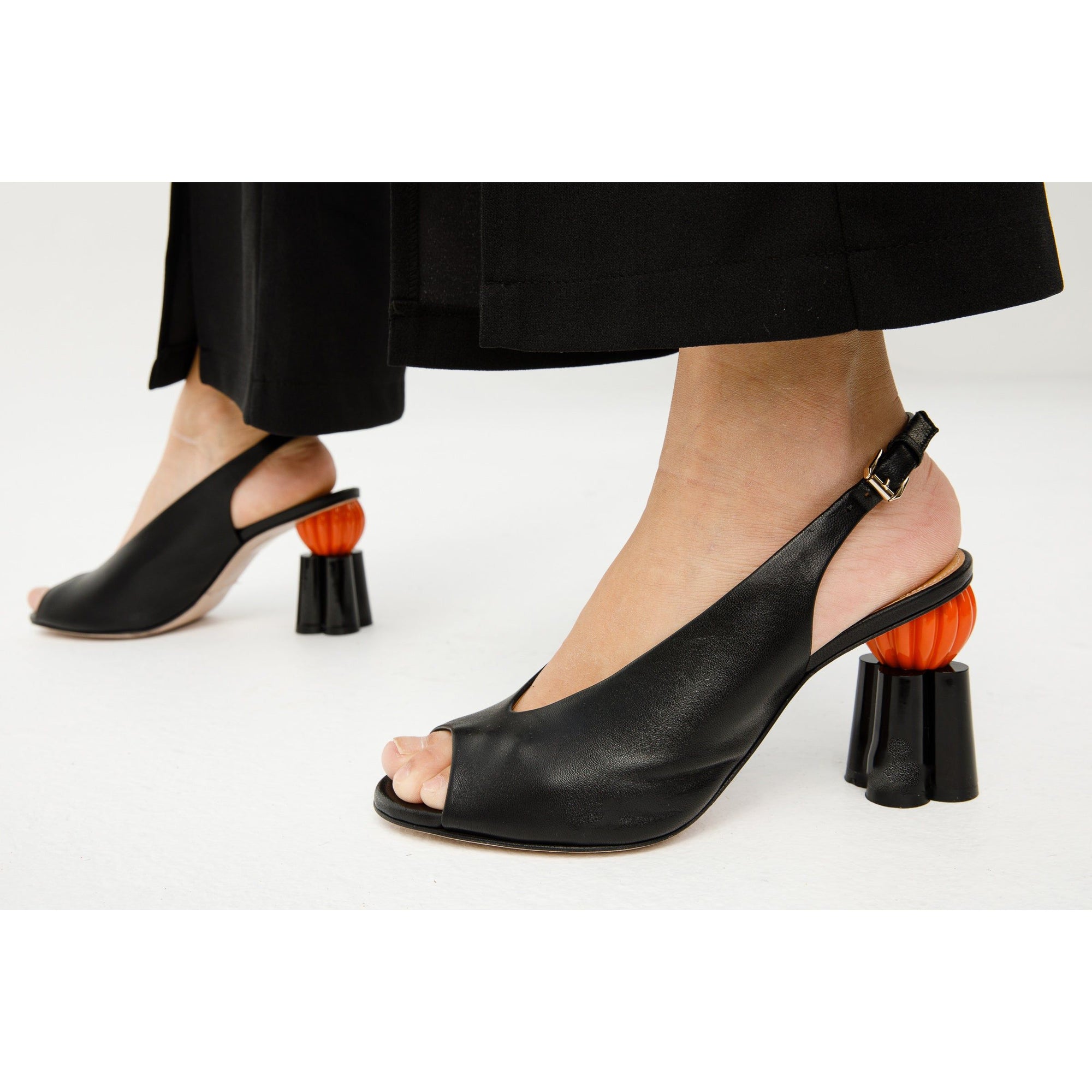 The Cimla Pumpkin Heel Black Leather Women Sandal