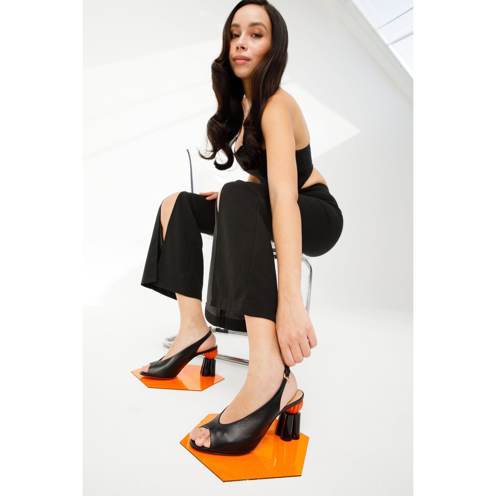 The Cimla Pumpkin Heel Black Leather Women Sandal