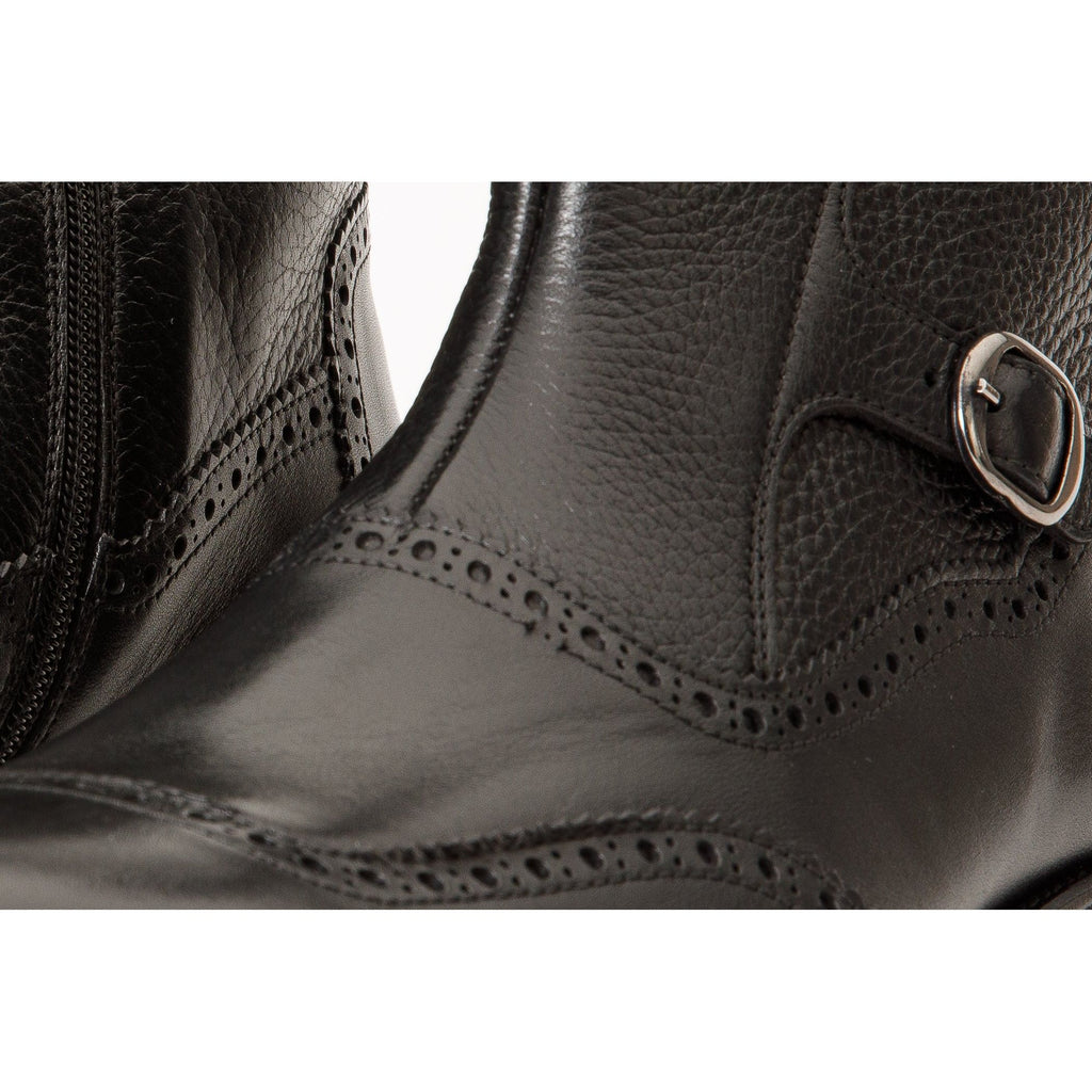 The Rand Black Leather Double Buckle Brogue Men Boot with a Zipper