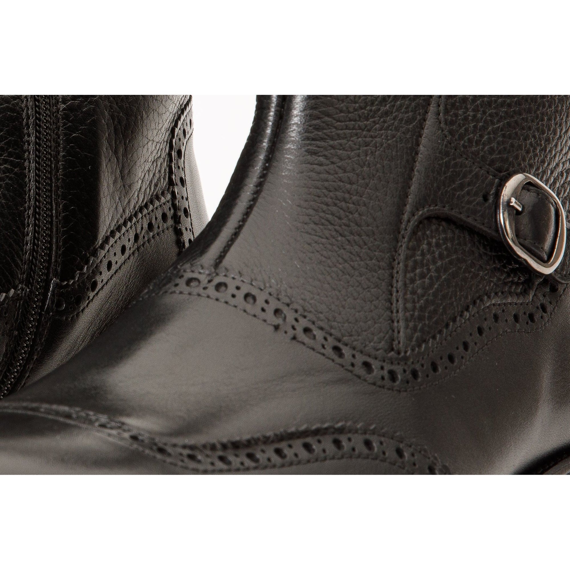 The Rand Black Leather Double Buckle Brogue Men Boot with a Zipper