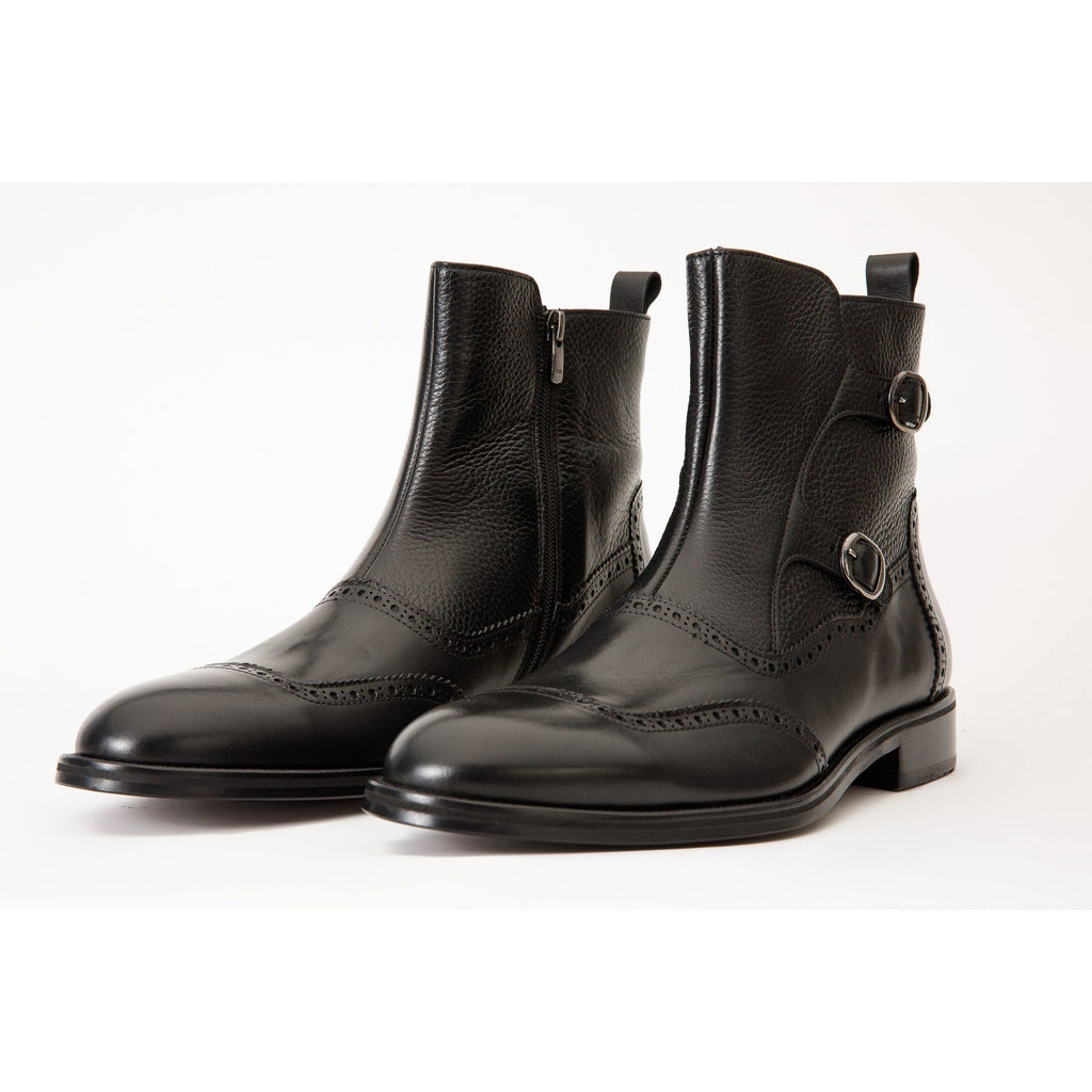 The Rand Black Leather Double Buckle Brogue Men Boot with a Zipper