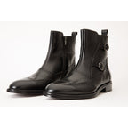 The Rand Black Leather Double Buckle Brogue Men Boot with a Zipper